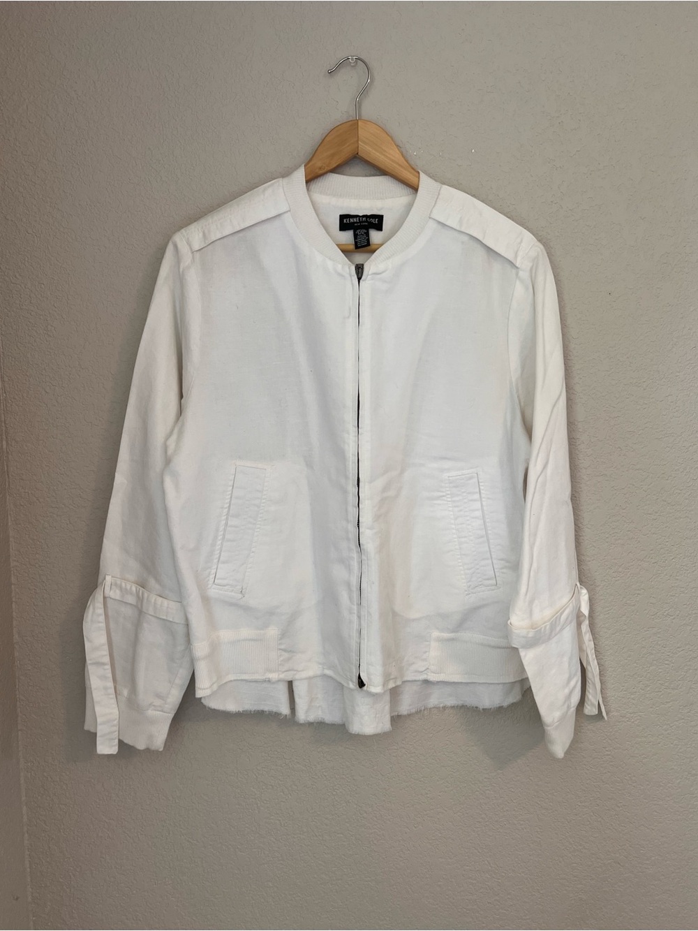 Kenneth Cole White Cotton Tie-Cuff Bomber Jacket - Casual Zip Front